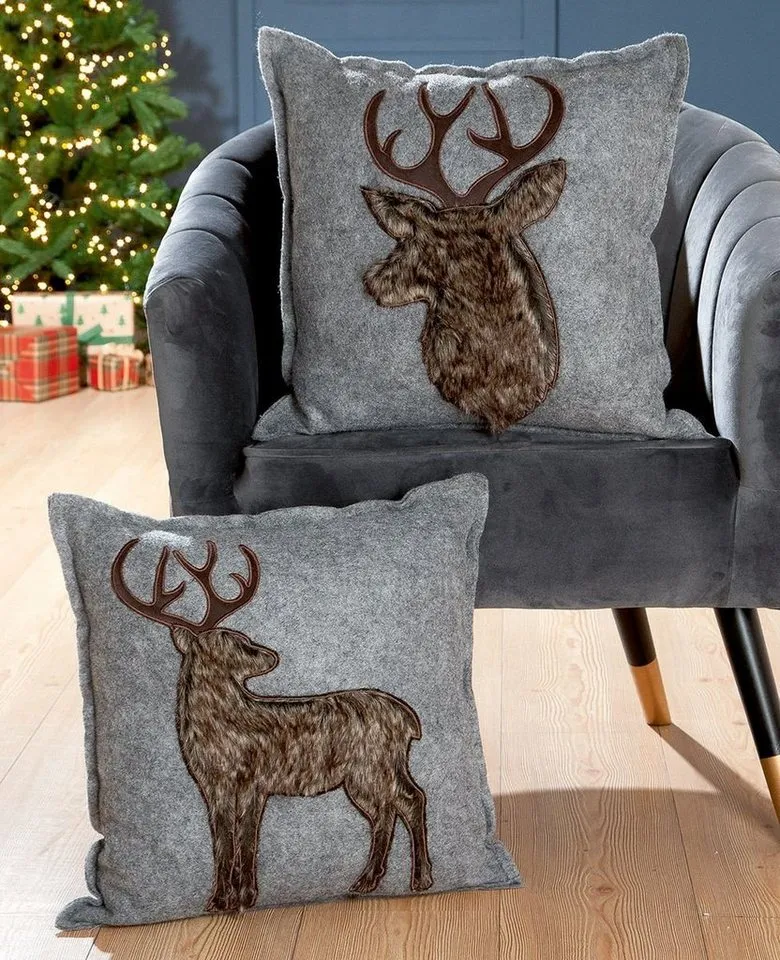 Gilde Dekokissen Hirsch, 2er Set, hellgrau
