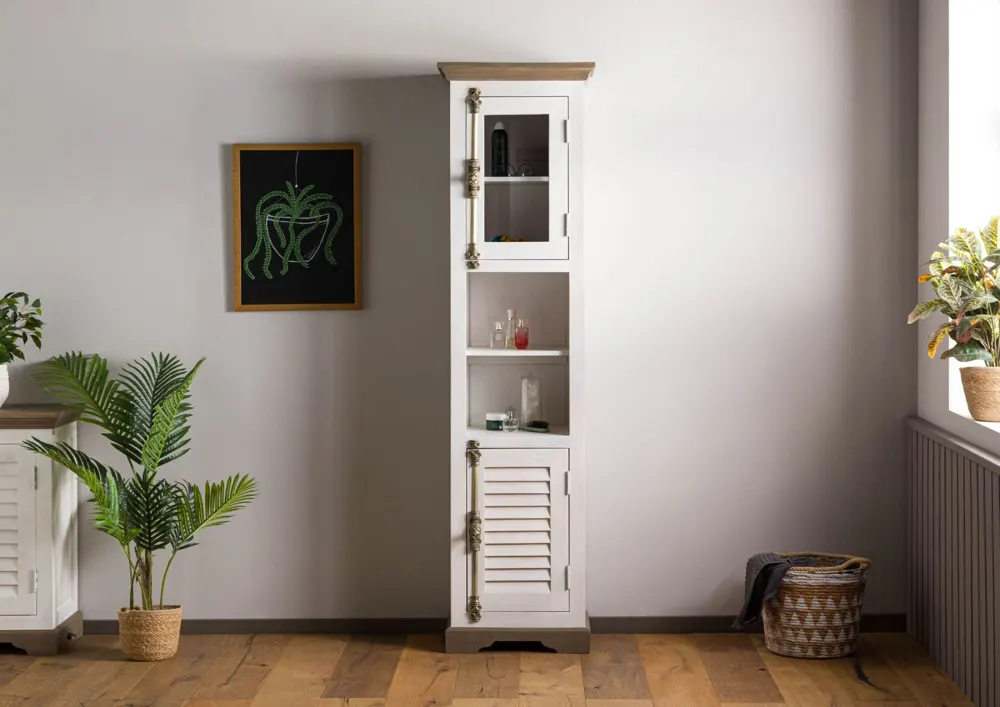 Massivmoebel24 Bad-Hochschrank TOULOUSE, Mango weiß lackiert
