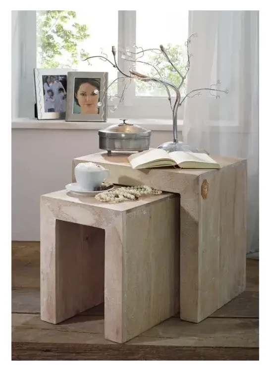 Massivmoebel24 Beistelltisch NATURE WHITE Akazie white stone
