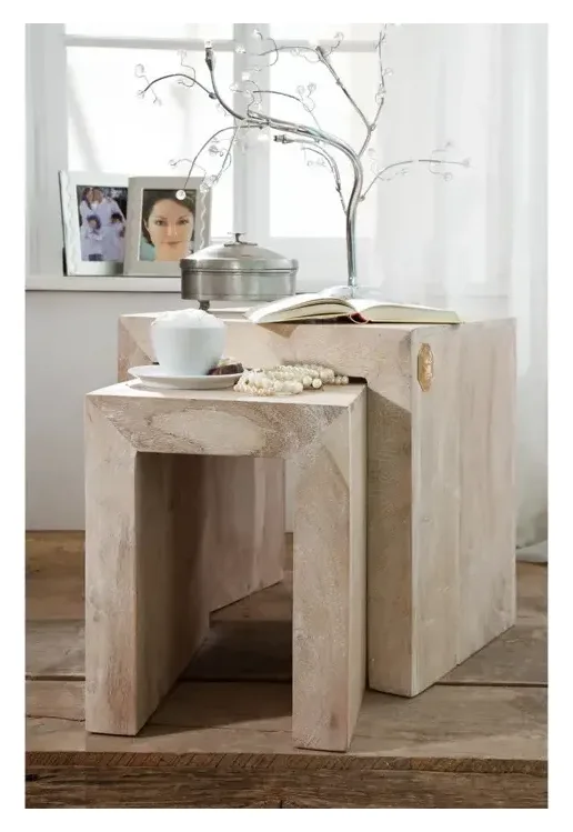 Massivmoebel24 Beistelltisch NATURE WHITE Akazie white stone 3