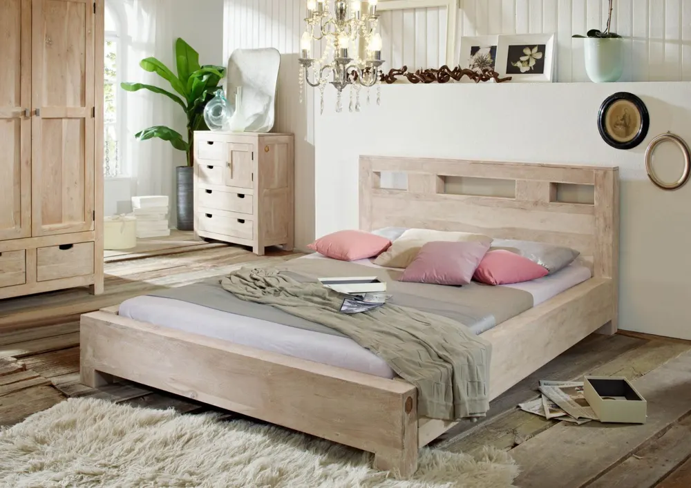 Massivmoebel24 Bett NATURE WHITE, Akazie white stone