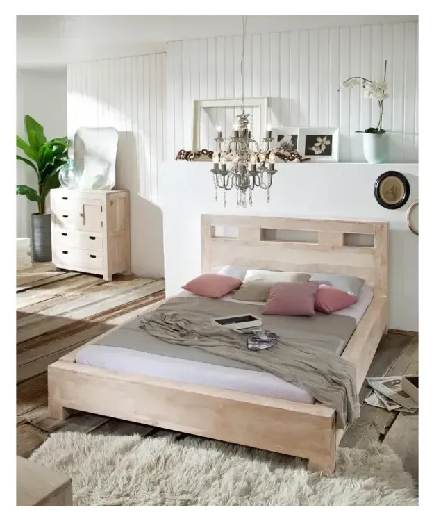 Massivmoebel24 Bett NATURE WHITE, Akazie white stone 3