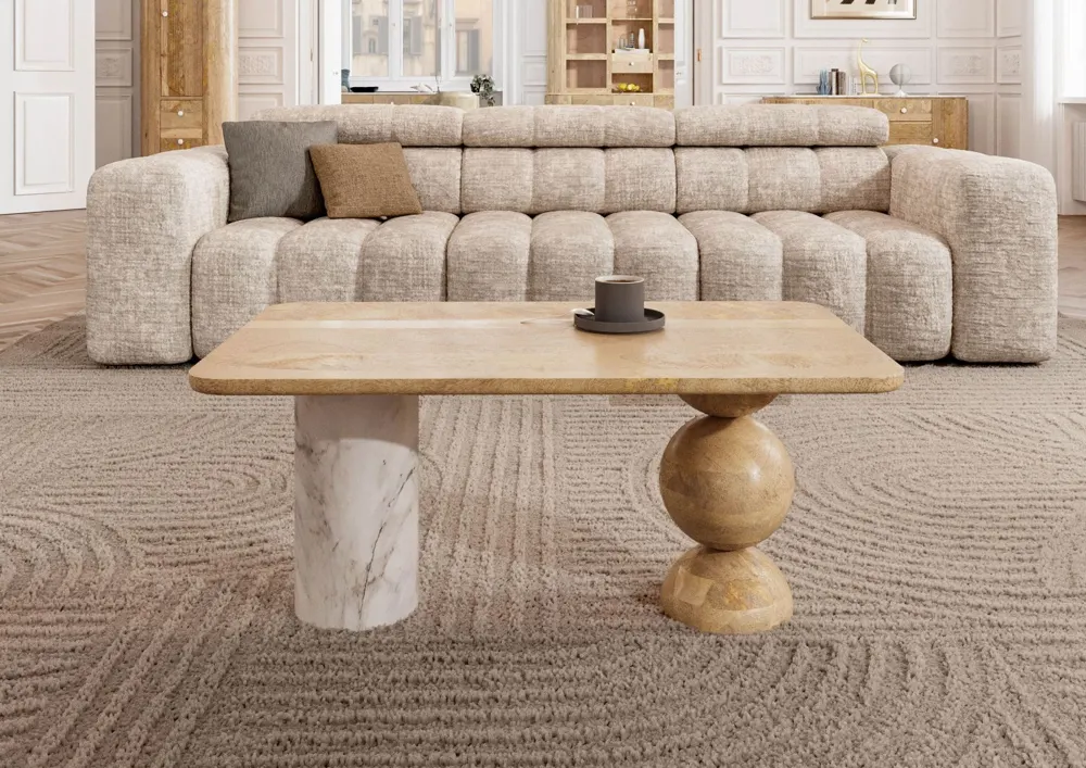 Massivmoebel24 Couchtisch FLORENZ, Mango natur, Marmor weiß