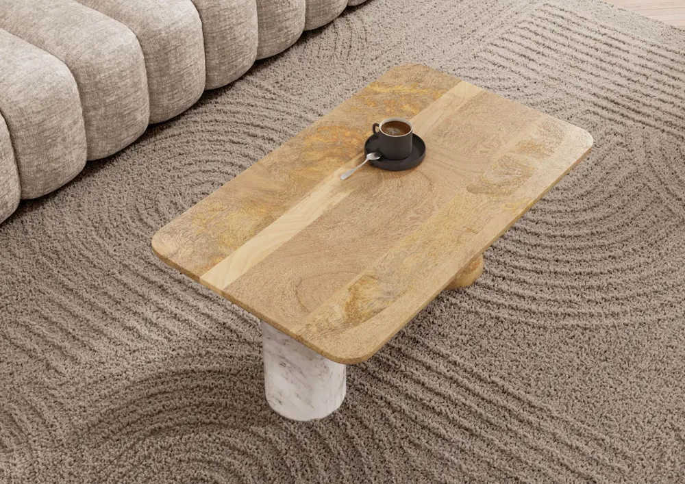 Massivmoebel24 Couchtisch FLORENZ, Mango natur, Marmor weiß 2