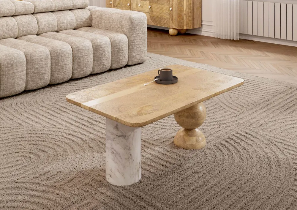 Massivmoebel24 Couchtisch FLORENZ, Mango natur, Marmor weiß 3