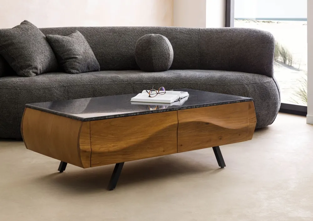 Massivmoebel24 Couchtisch MONTREAL, Akazie natur, Marmor 3