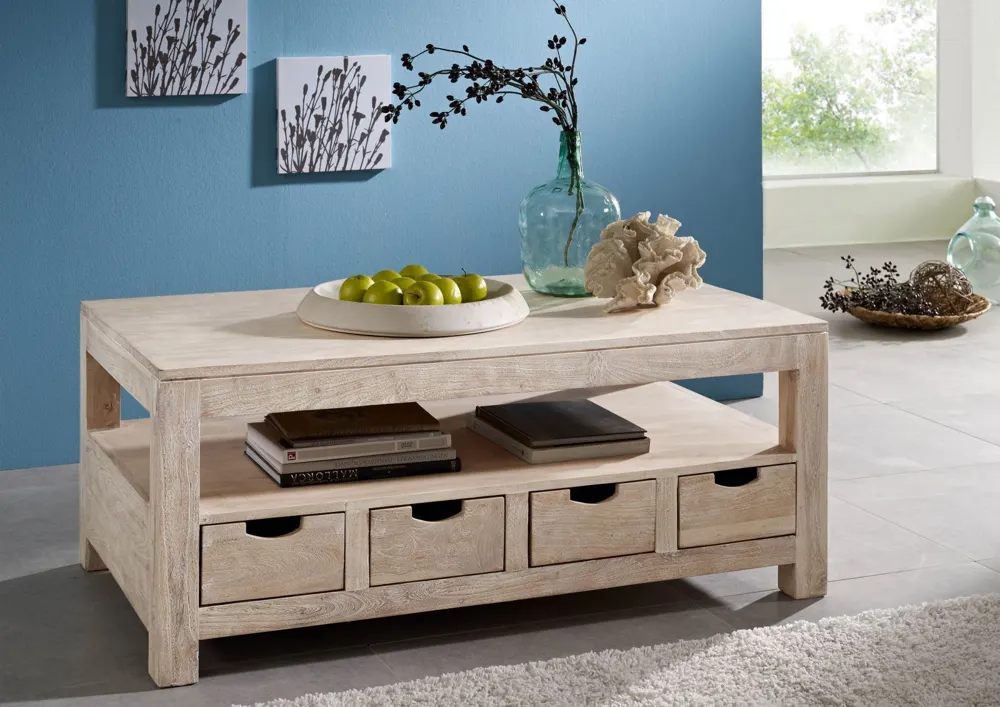 Massivmoebel24 Couchtisch NATURE WHITE, Akazie white stone
