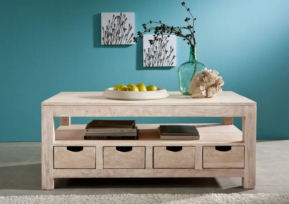 Massivmoebel24 Couchtisch NATURE WHITE, Akazie white stone 3