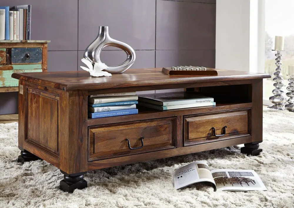 Massivmoebel24 Couchtisch NEW BOSTON Sheesham braun lackiert