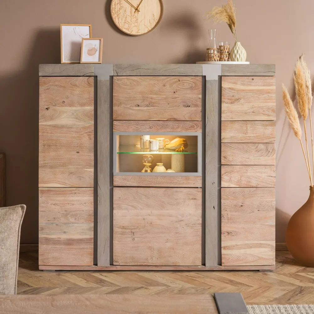 Massivmoebel24 Highboard AMSTERDAM, Akazie beige lackiert