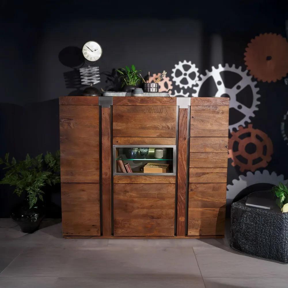 Massivmoebel24 Highboard AMSTERDAM, Mangoholz braun lackiert