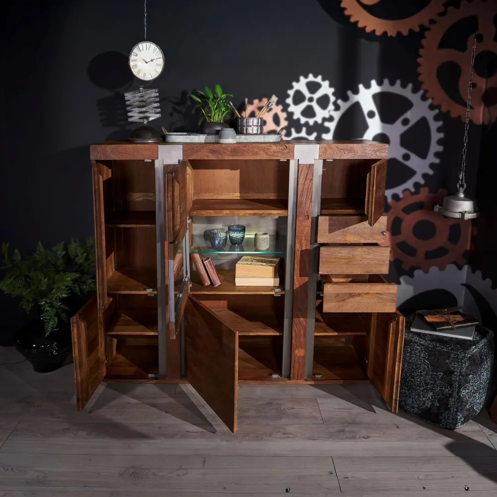Massivmoebel24 Highboard AMSTERDAM, Mangoholz braun lackiert 3