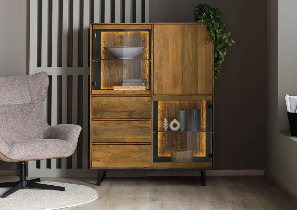 Massivmoebel24 Highboard DAVIS, Mango schwarz/natur