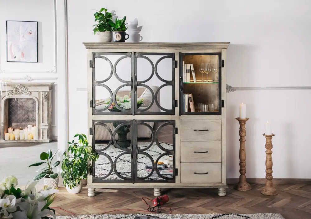 Massivmoebel24 Highboard HERMITAGE, Mango grau lackiert