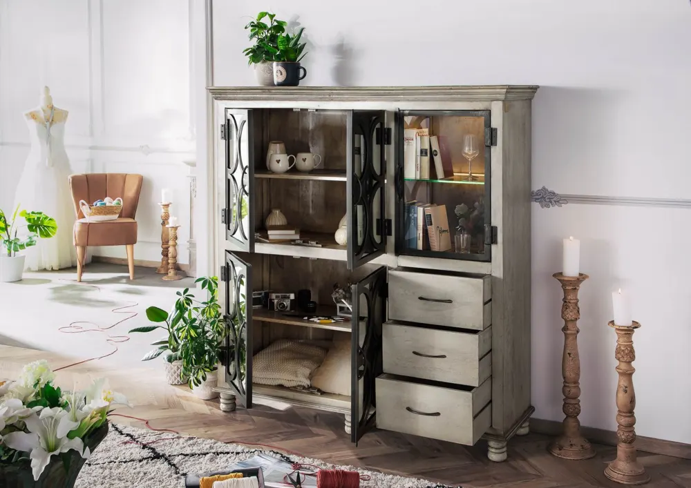 Massivmoebel24 Highboard HERMITAGE, Mango grau lackiert 3