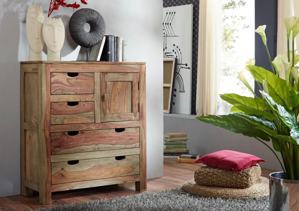Massivmoebel24 Highboard NATURE GREY, Sheesham grau geölt