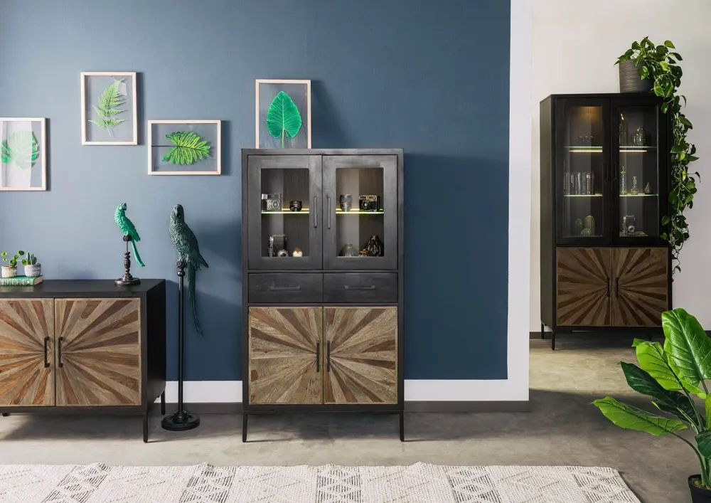Massivmoebel24 Highboard SUN, Sheesham schwarz lackiert