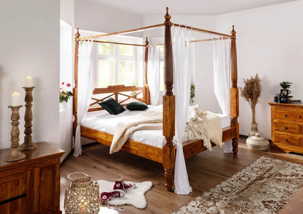Massivmoebel24 Himmelbett OXFORD, Akazie honig lackiert