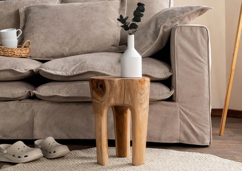 Massivmoebel24 Hocker UNIKA, Teak Wurzel natur lackiert