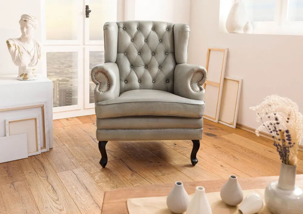 Massivmoebel24 Ohrensessel CHESTERFIELD, Echtleder grau