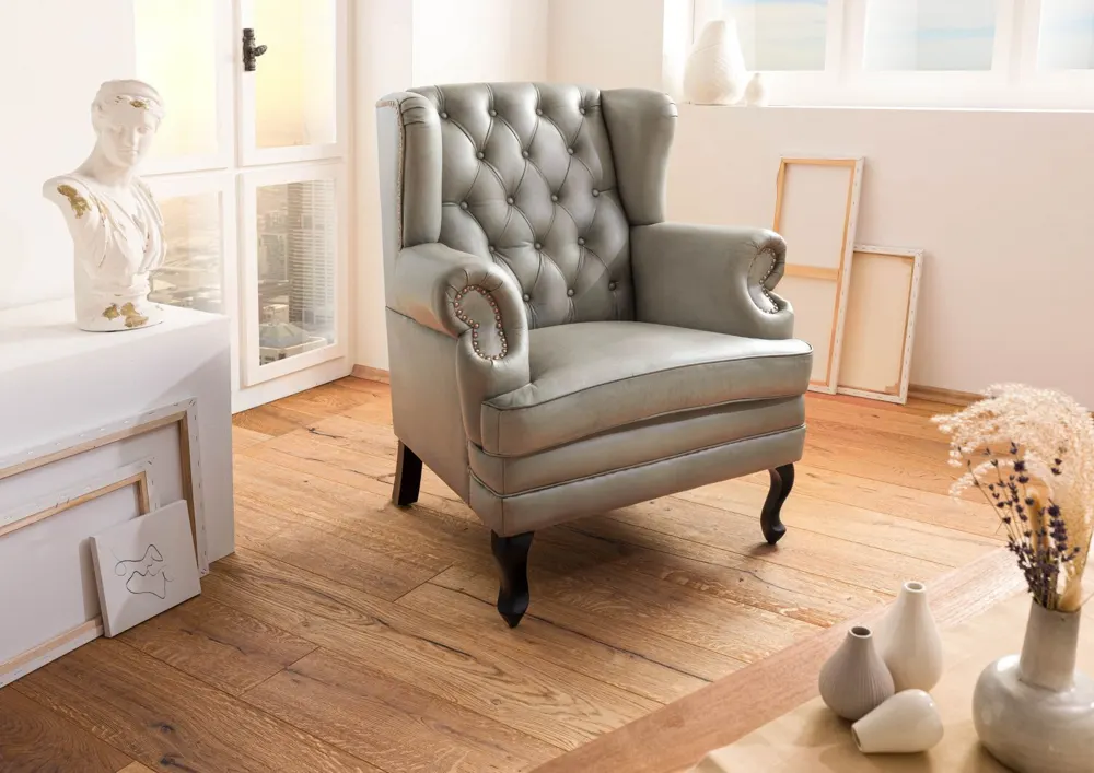 Massivmoebel24 Ohrensessel CHESTERFIELD, Echtleder grau 2
