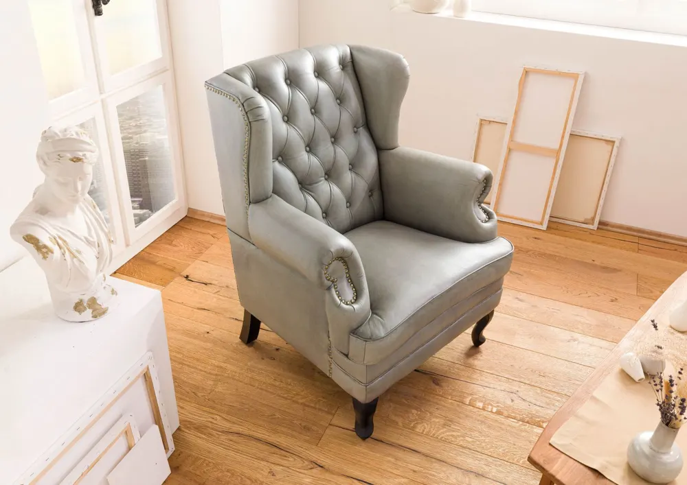 Massivmoebel24 Ohrensessel CHESTERFIELD, Echtleder grau 3