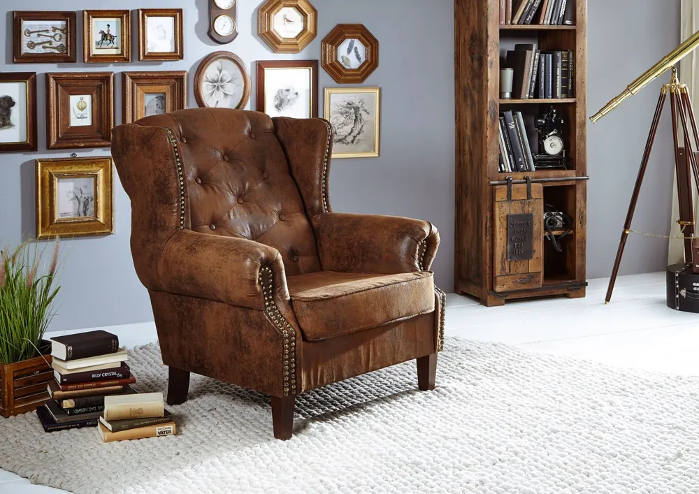 Massivmoebel24 Ohrensessel CHESTERFIELD, Massivholz braun