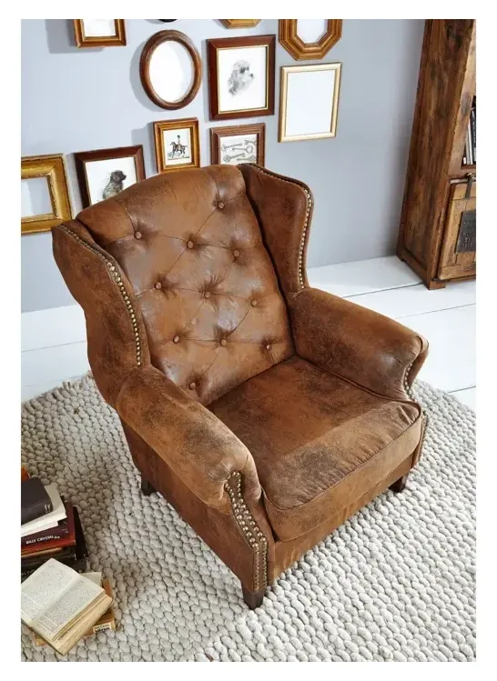 Massivmoebel24 Ohrensessel CHESTERFIELD, Massivholz braun 2