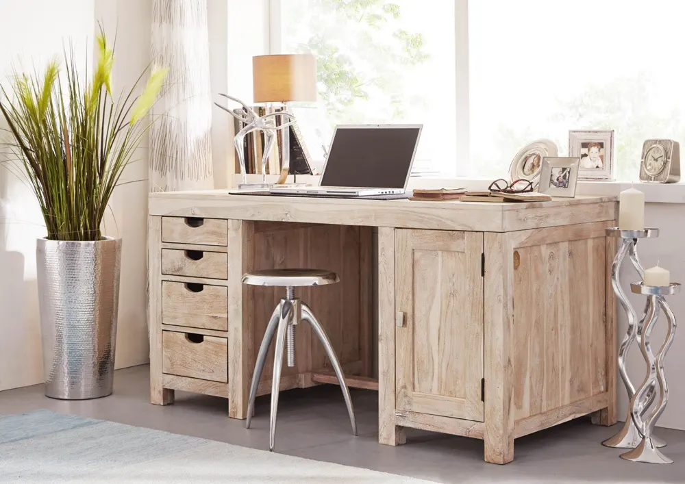 Massivmoebel24 Schreibtisch NATURE WHITE, Akazie getüncht