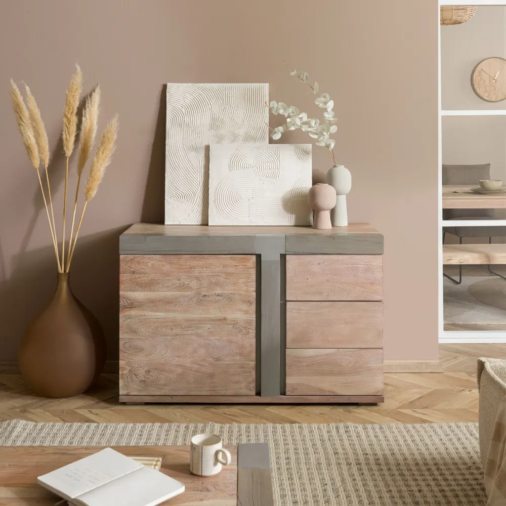 Massivmoebel24 Sideboard AMSTERDAM, Akazie beige lackiert
