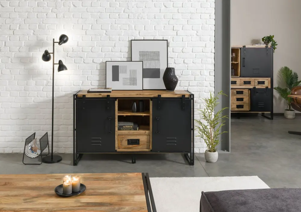 Massivmoebel24 Sideboard BLACKBURN, Mango / Metall schwarz