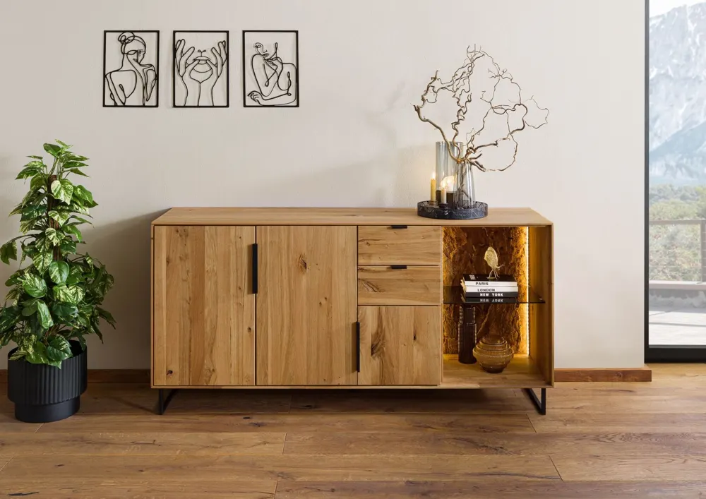 Massivmoebel24 Sideboard LINDAU, Wildeiche natur geölt