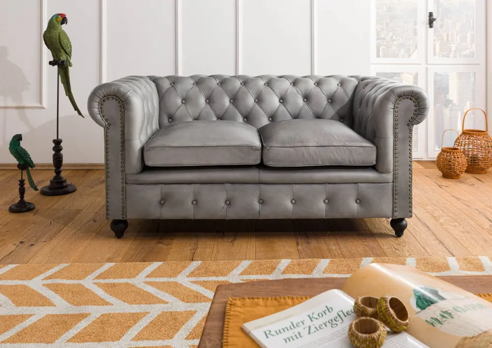 Massivmoebel24 Sofa 2-Sitzer CHESTERFIELD, Echtleder grau