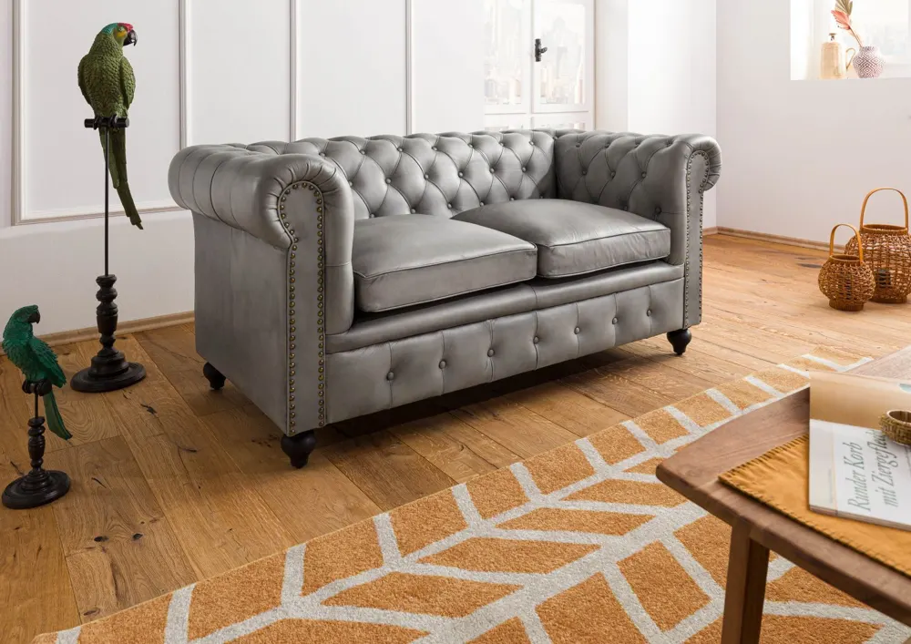 Massivmoebel24 Sofa 2-Sitzer CHESTERFIELD, Echtleder grau 2