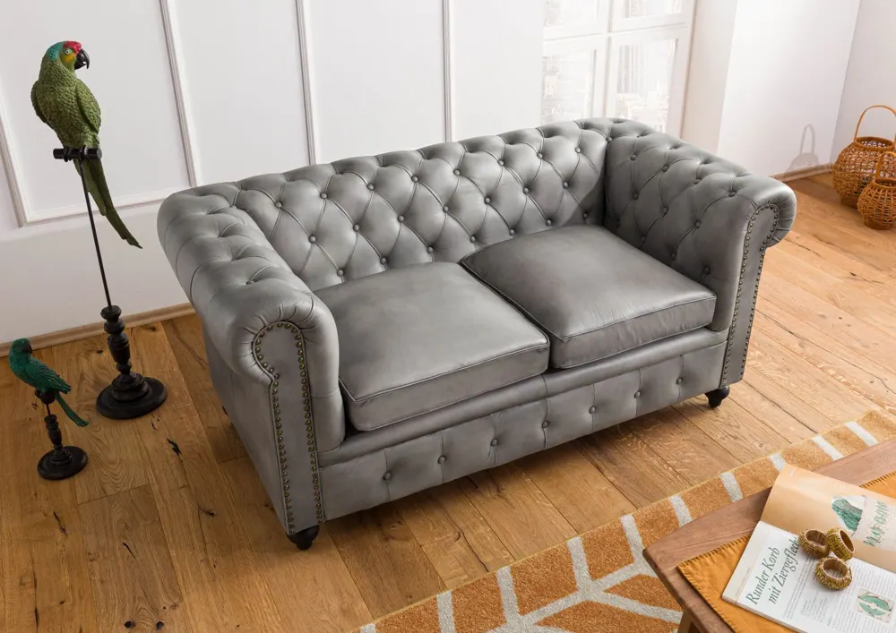 Massivmoebel24 Sofa 2-Sitzer CHESTERFIELD, Echtleder grau 3
