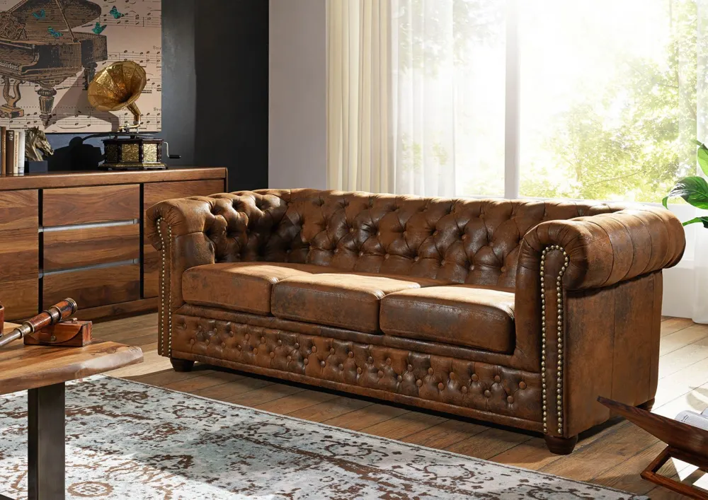 Massivmoebel24 Sofa CHESTERFIELD, Lederlook braun