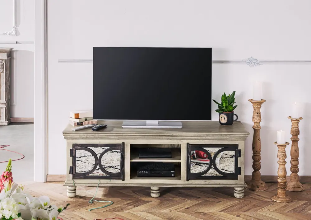 Massivmoebel24 TV-Board HERMITAGE, Mangoholz grau lackiert