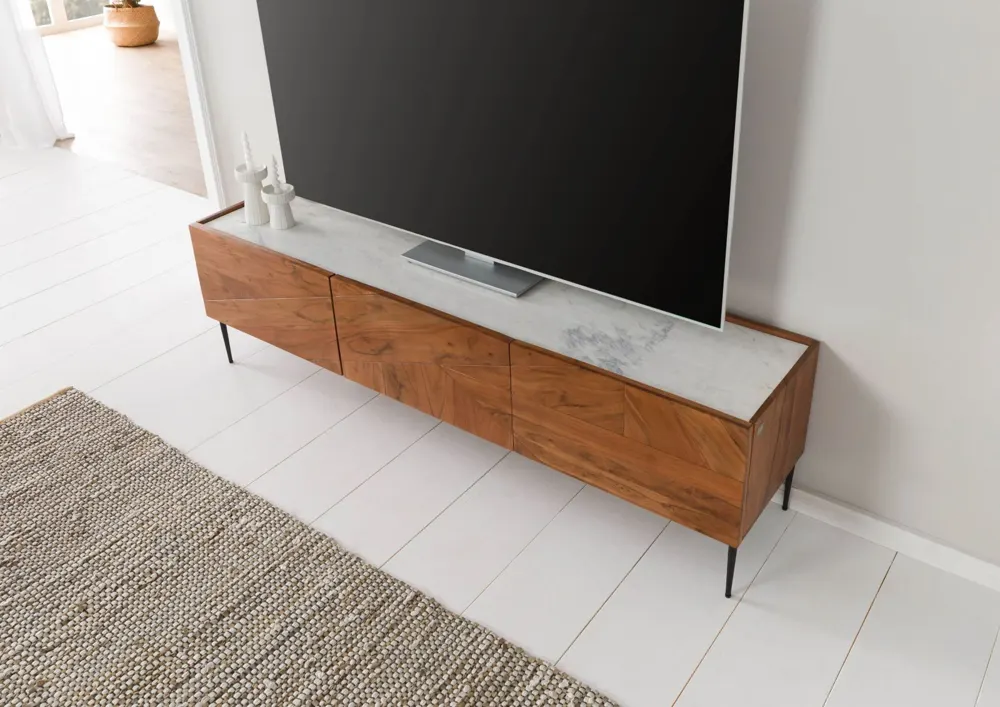 Massivmoebel24 TV-Board KARLSTAD, Akazie natur, Marmor weiß 2