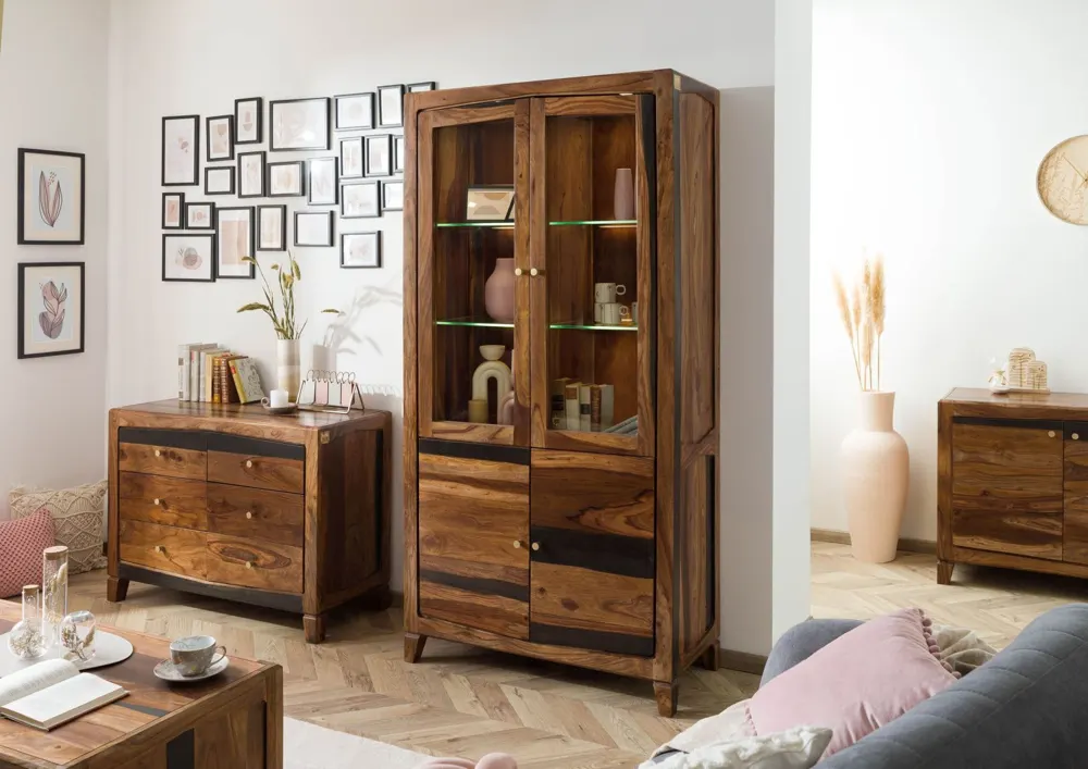 Massivmoebel24 Vitrine ANCONA, Sheesham dunkelbraun lackiert 2