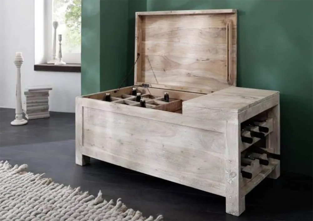 Massivmoebel24 Weintruhe NATURE WHITE, Akazie white stone