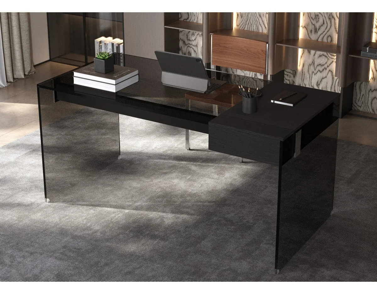 oleyluckidea Schreibtisch mit Schublade, Glas, Schwarz