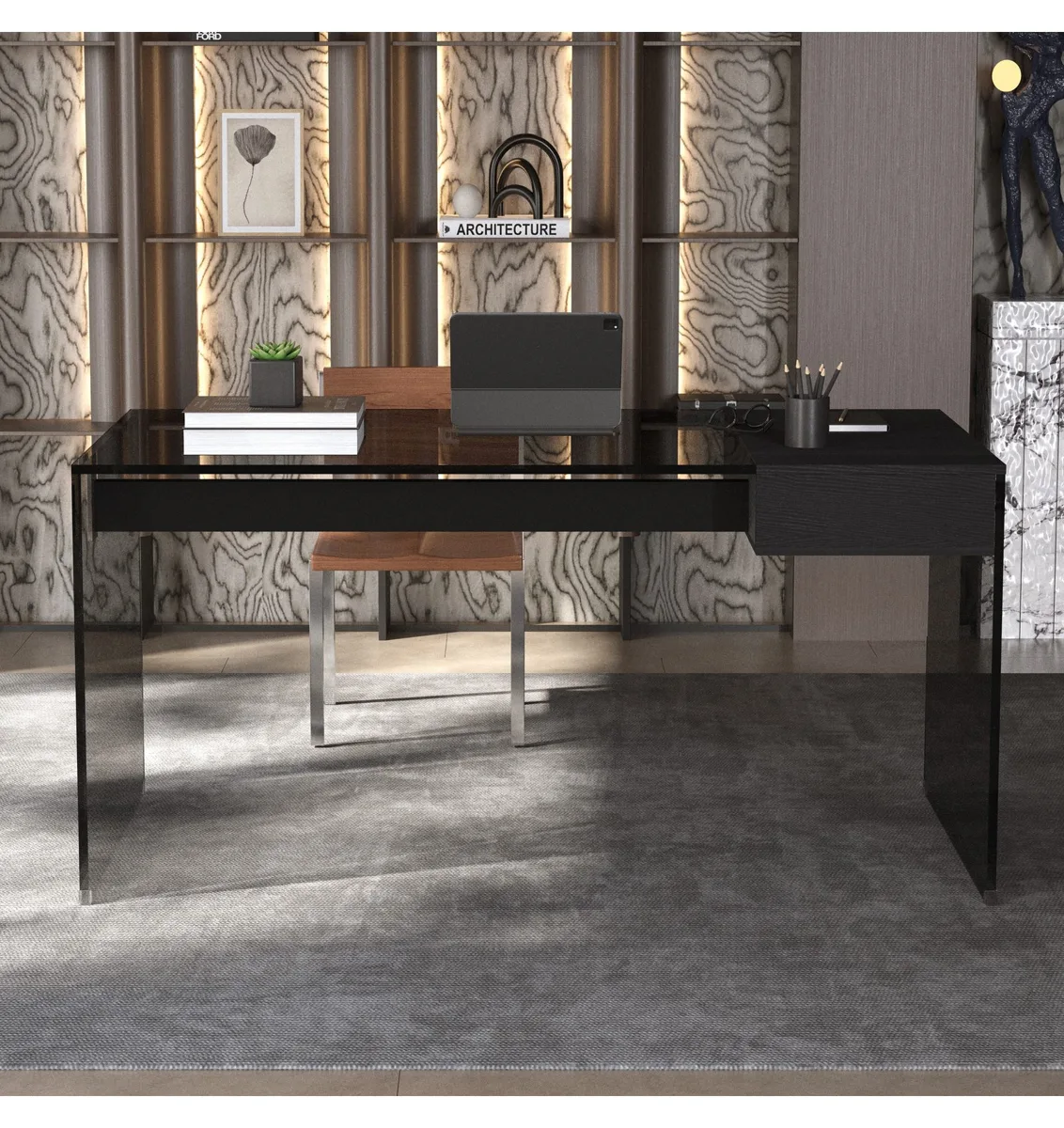 oleyluckidea Schreibtisch mit Schublade, Glas, Schwarz 2