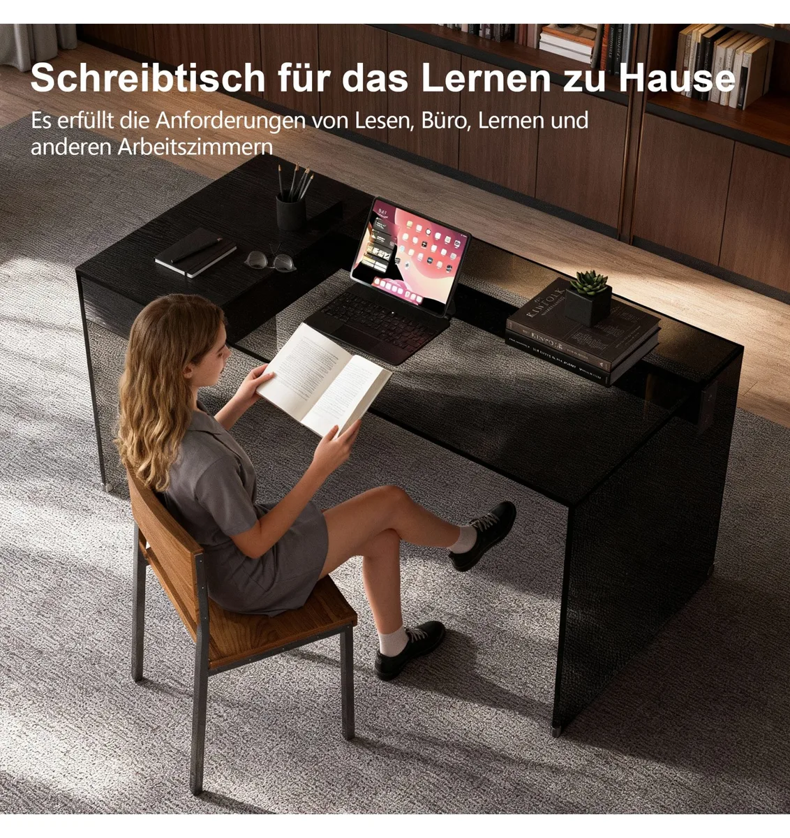 oleyluckidea Schreibtisch mit Schublade, Glas, Schwarz 3